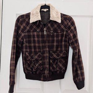 Vintage, Free People Chic Brown Plaid Bomber Jacket, Size XS